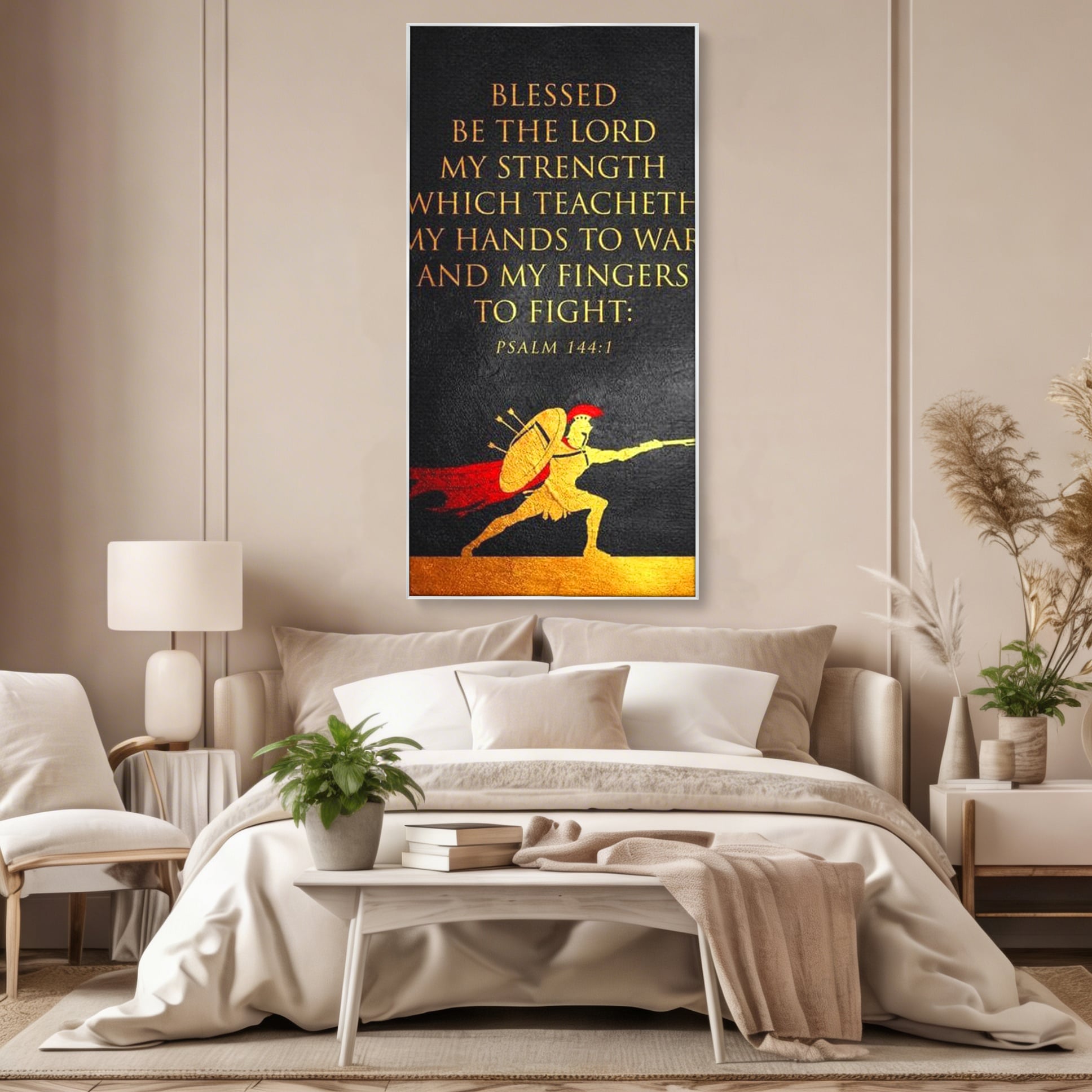 Tablou canvas cu tablou canvas cu razboinic antic si verset, in rama de aluminiu argintiu, pe perete intr-un dormitor